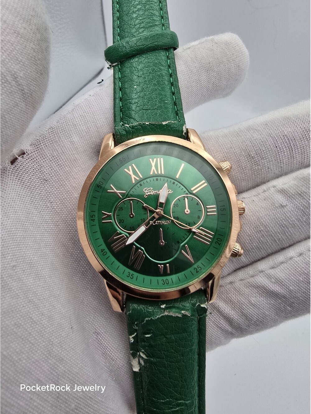 Geneva Platinum Green Dial Rose Gold Tone Roman Numeral Leather Quartz Watch